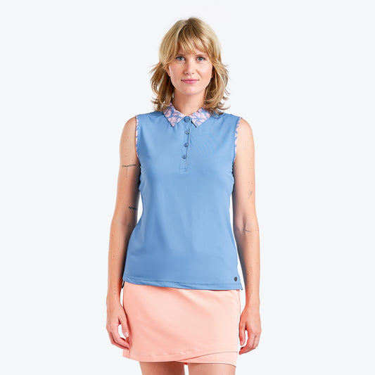 Nivo Maeve Ladies Sleeveless Jersey Polo Shirt in Sea Reflection Front Facing Product Image