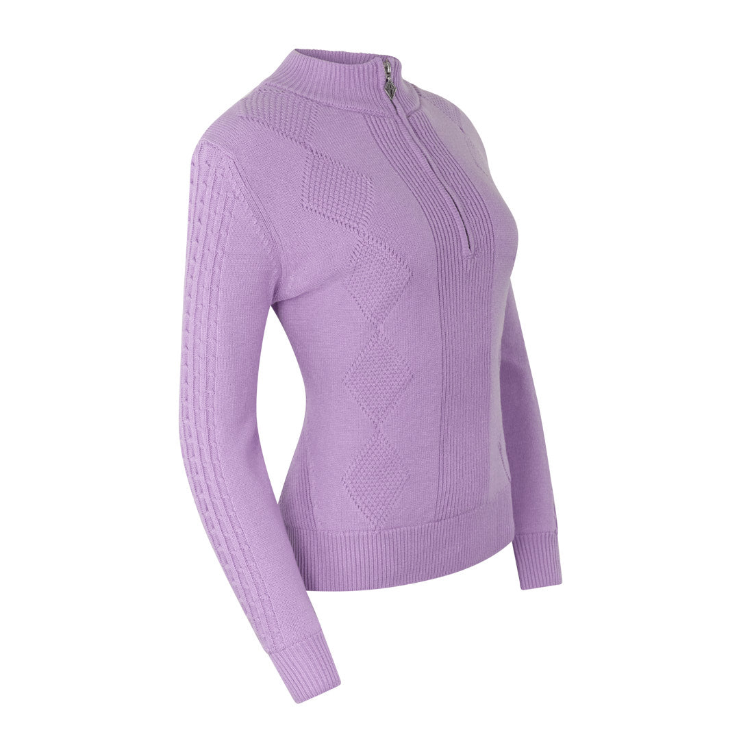 PURE GOLF - Sorrell Cable Knit Lined Quarter Zip Jumper - Lilac