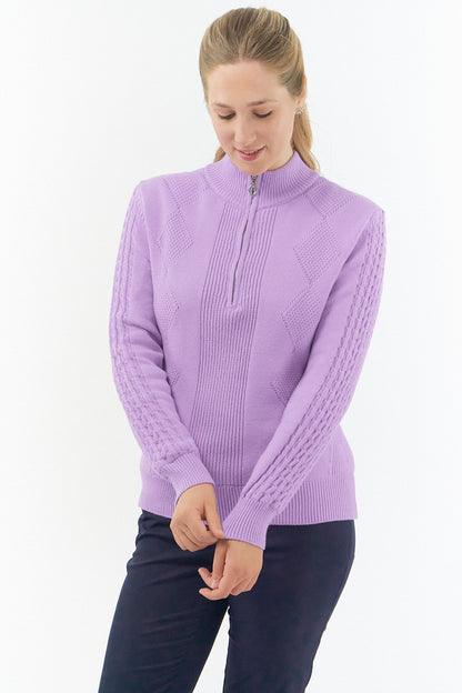 PURE GOLF - Sorrell Cable Knit Lined Quarter Zip Jumper - Lilac