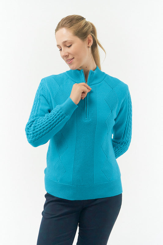 PURE GOLF - Sorrell Cable Knit Lined Quarter Zip Jumper - Tourmaline Blue