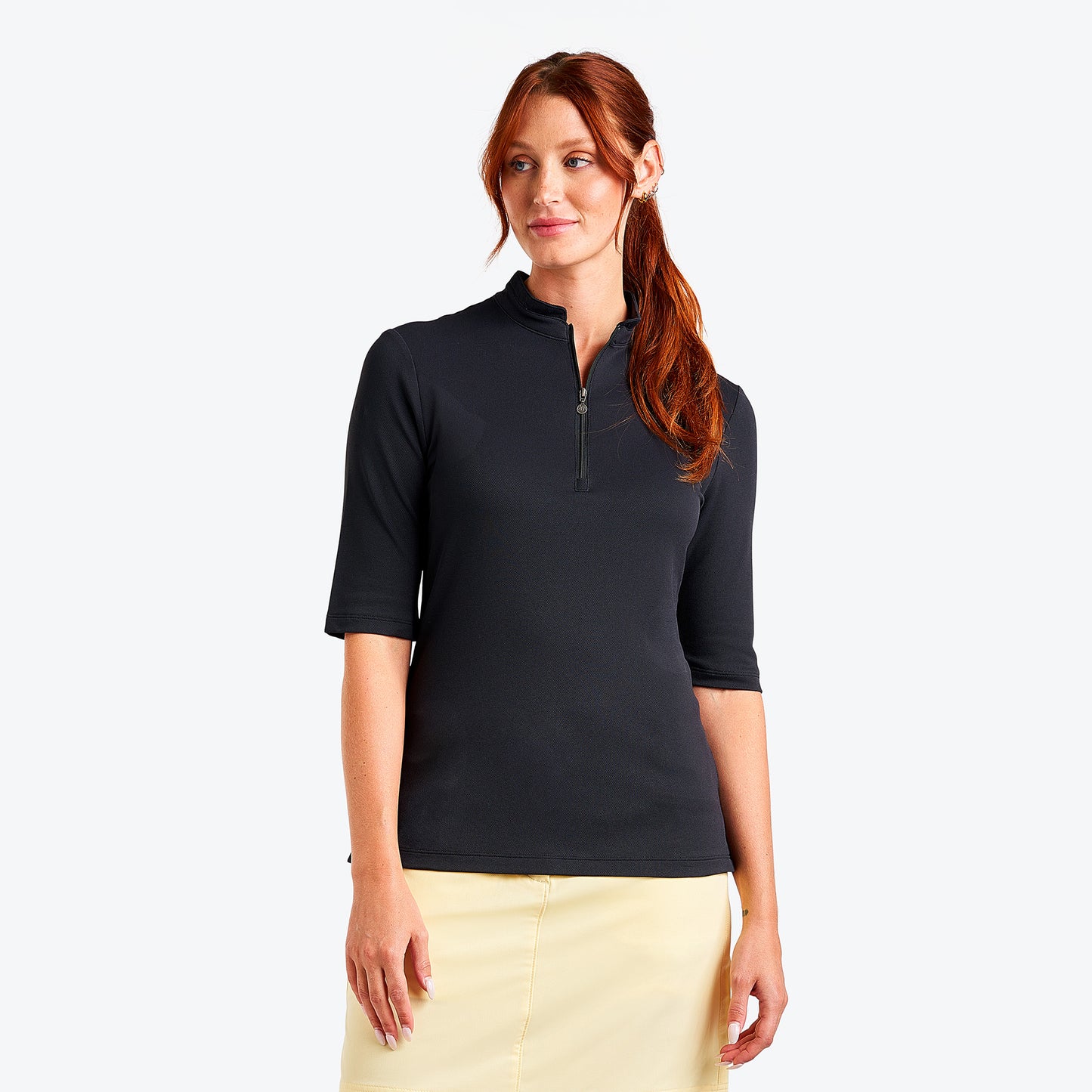 Nivo Half Sleeve Pique Mock Neck Shirt in Black