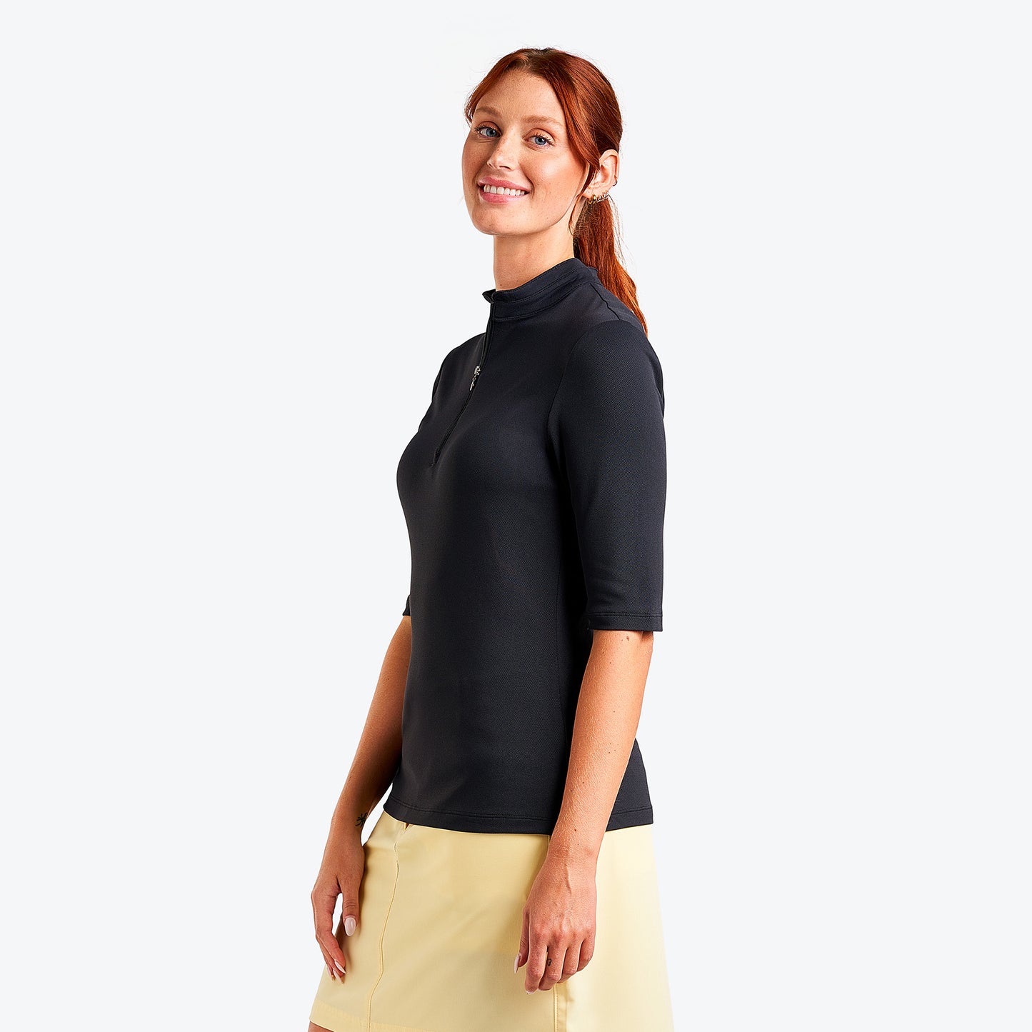 Nivo Half Sleeve Pique Mock Neck Shirt in Black