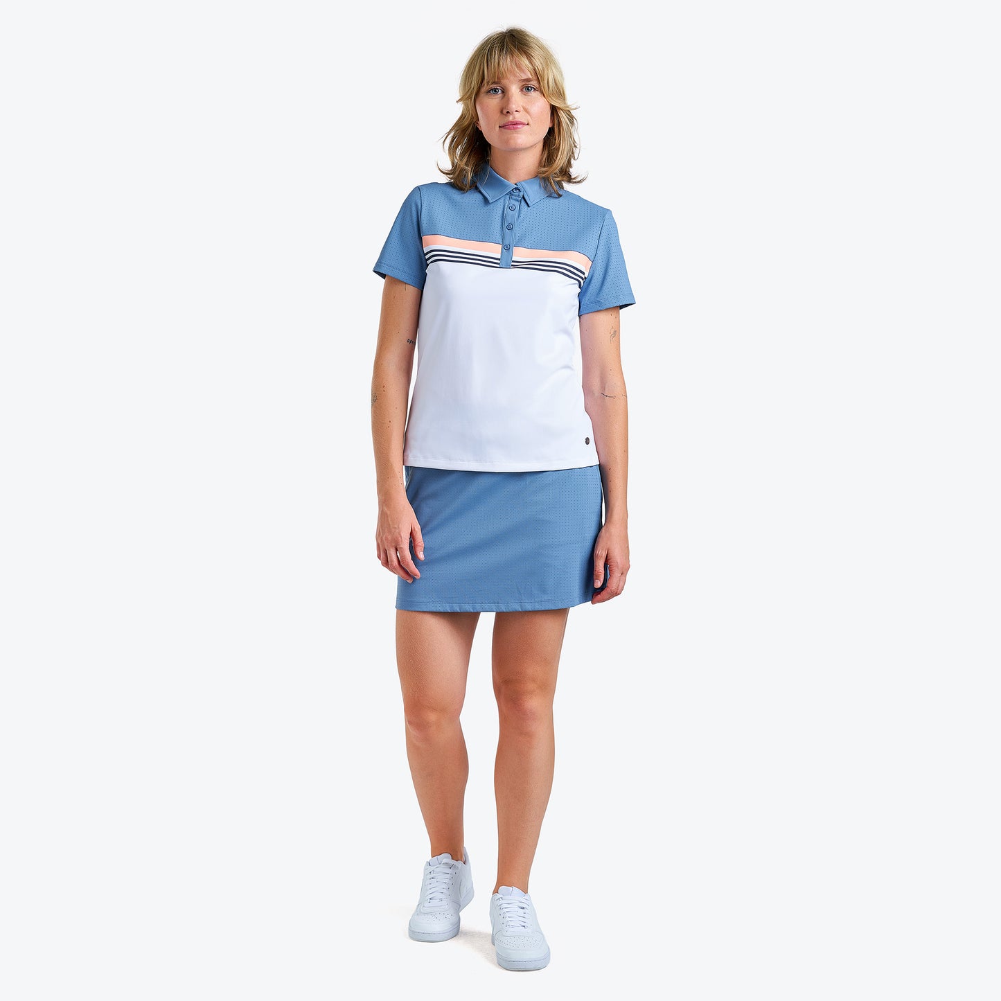 Nivo Mindy Ladies Short Sleeve Jersey Polo Shirt in Sea Reflection Front Facing Model Image