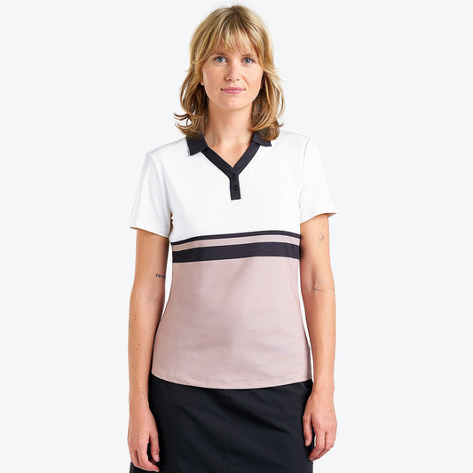Nivo Samara Short Sleeve Knit Polo Shirt in White & Desert Front Facing Product Image