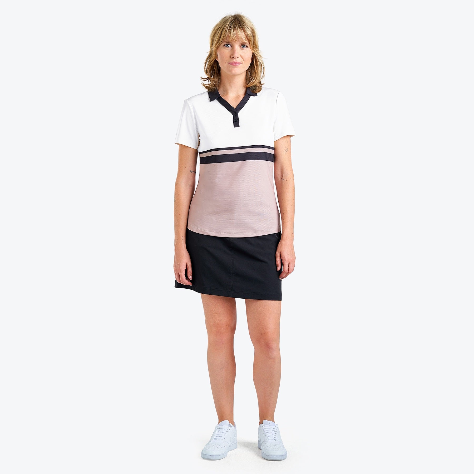 Nivo Samara Short Sleeve Knit Polo Shirt in White & Desert Full Product Image