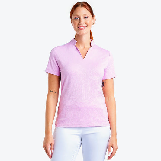 Nivo Saskia Short Sleeve Jacquard Mock Neck Shirt in Bubble Gum Floral Front Facing Product Image