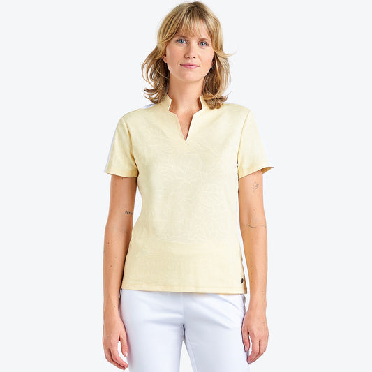 Nivo Saskia Short Sleeve Jacquard Mock Neck Shirt in Honey Infusion Floral Front Facing Product Image