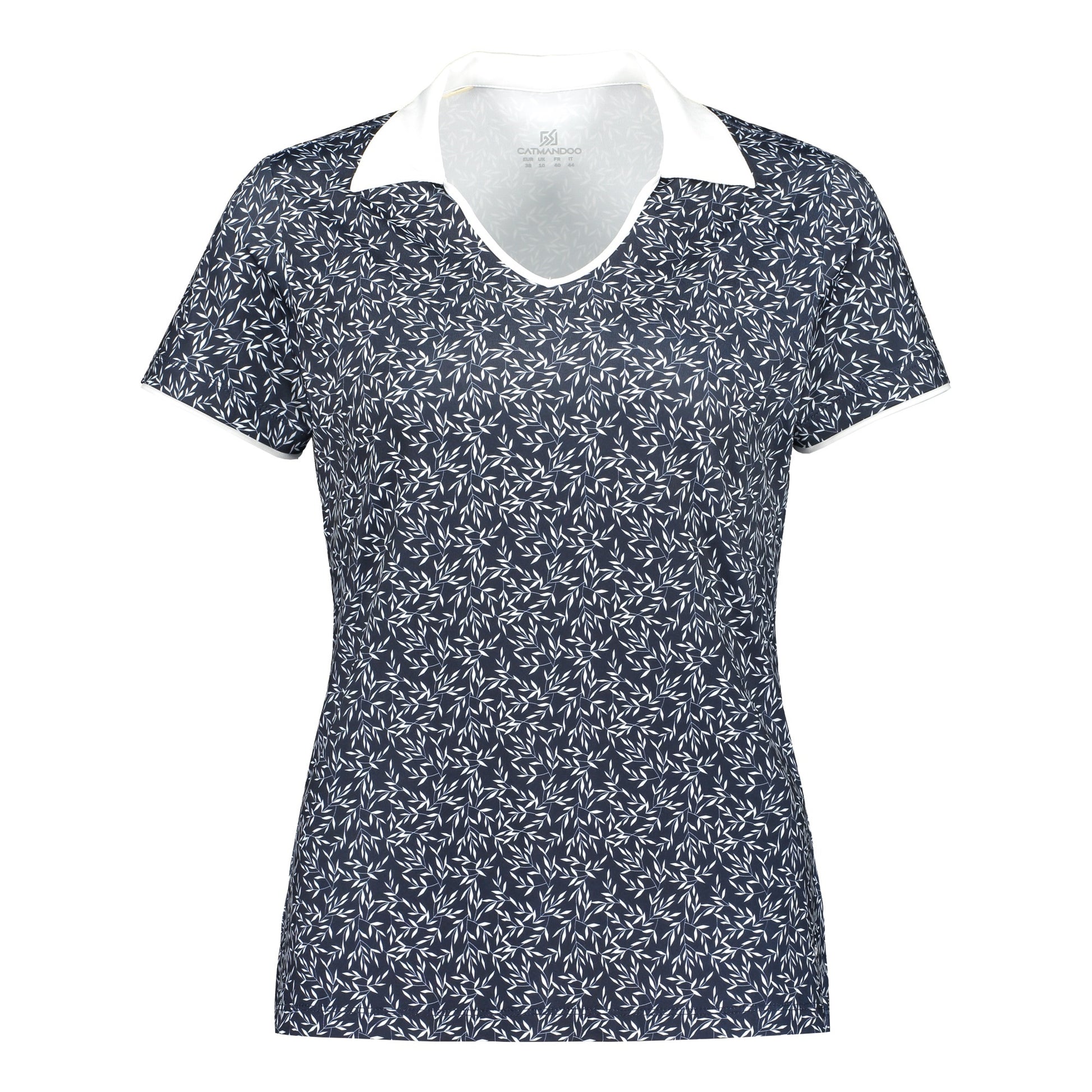 Catmandoo Skerrie Ladies V-Neck Polo Shirt Navy Print Product Image Front