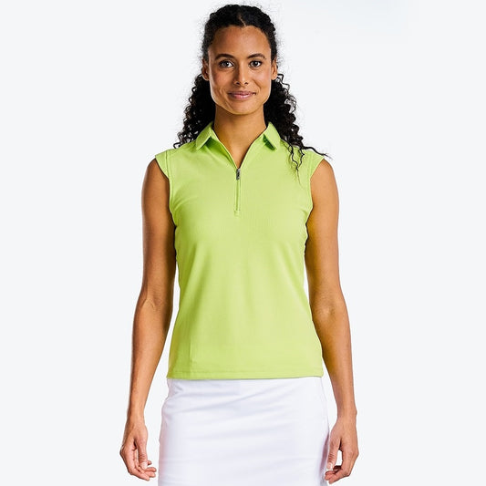NI0210101_303 Nivo Nikki Ladies Zip-Neck Sleeveless Polo Shirt Lime Product Image Front