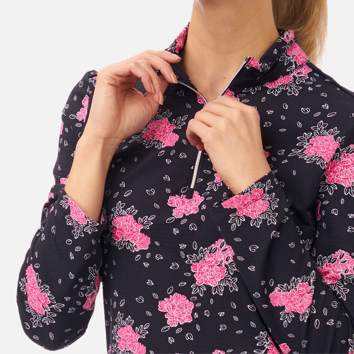 NI2211179 Nivo Laure Ladies Long Sleeved Liv Cool Top in Navy Floral Neck Detail