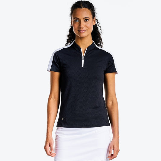 NI3211124_001 Nivo Umber Ladies Zip Neck Mock Golf Shirt Black Product Image Front