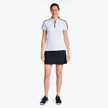 NI3211124_100 Nivo Umber Ladies Zip Neck Mock Golf Shirt White Model Image