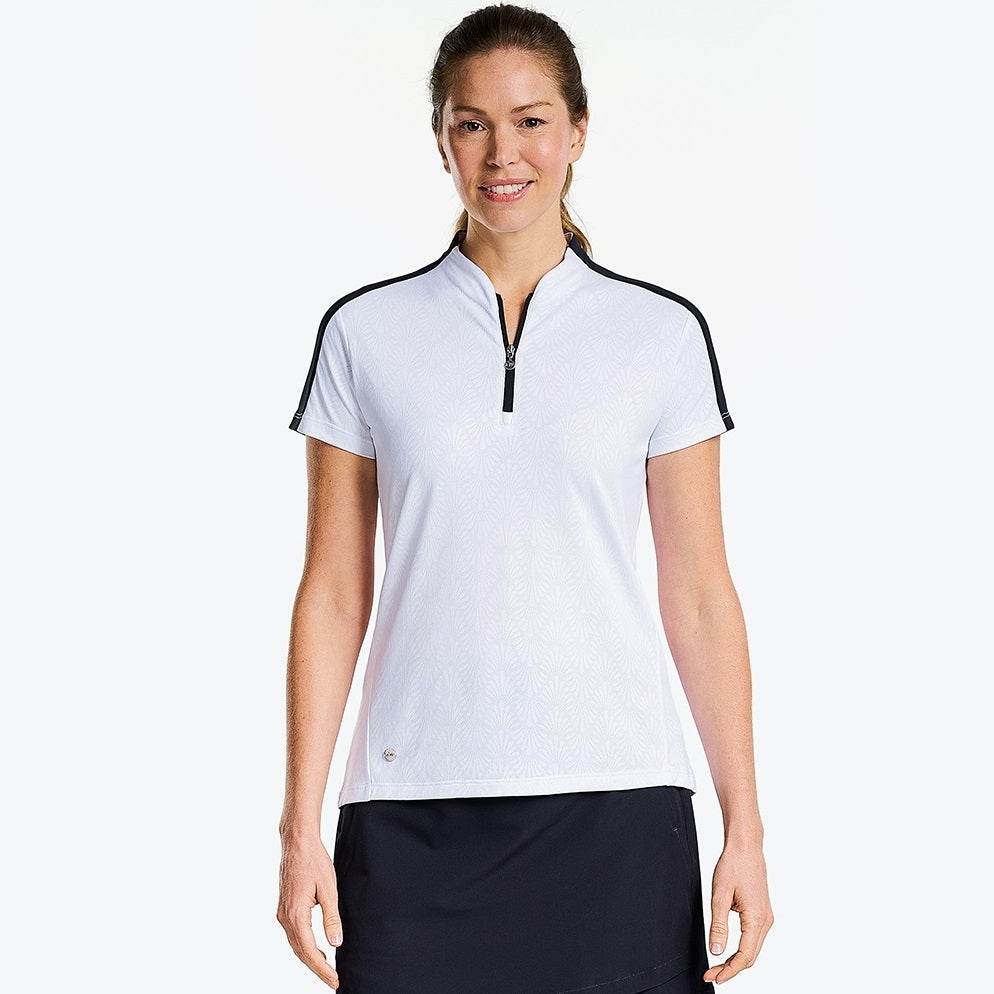 NI3211124_100 Nivo Umber Ladies Zip Neck Mock Golf Shirt White Product Image Front