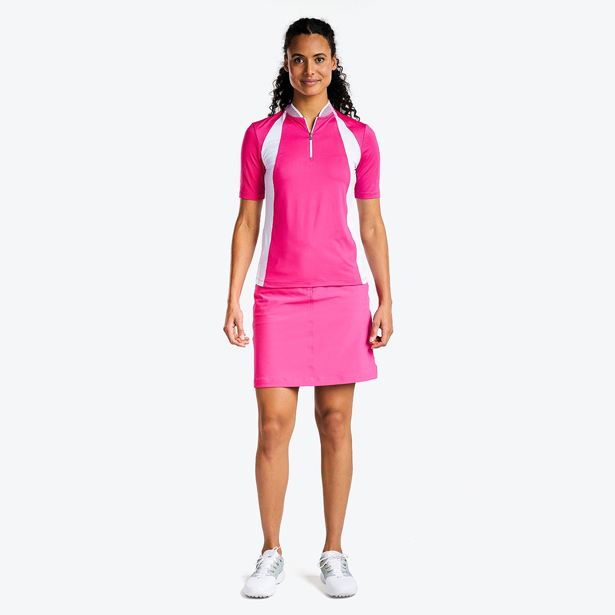 NI3211134_702 Nivo Cali Ladies Mock Neck Polo Shirt Magenta Full Model Image