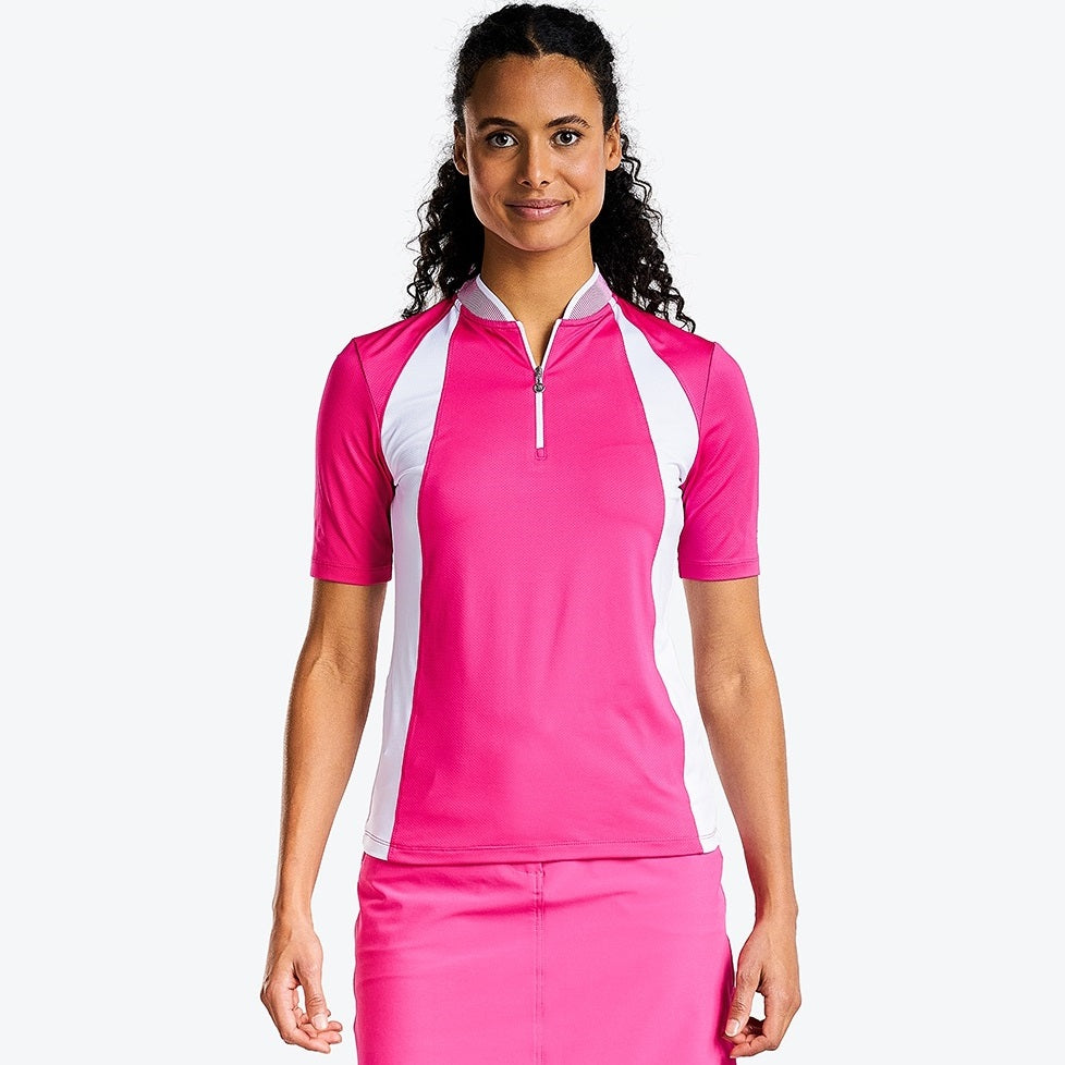 NI3211134_702 Nivo Cali Ladies Mock Neck Polo Shirt Magenta Product Image Front